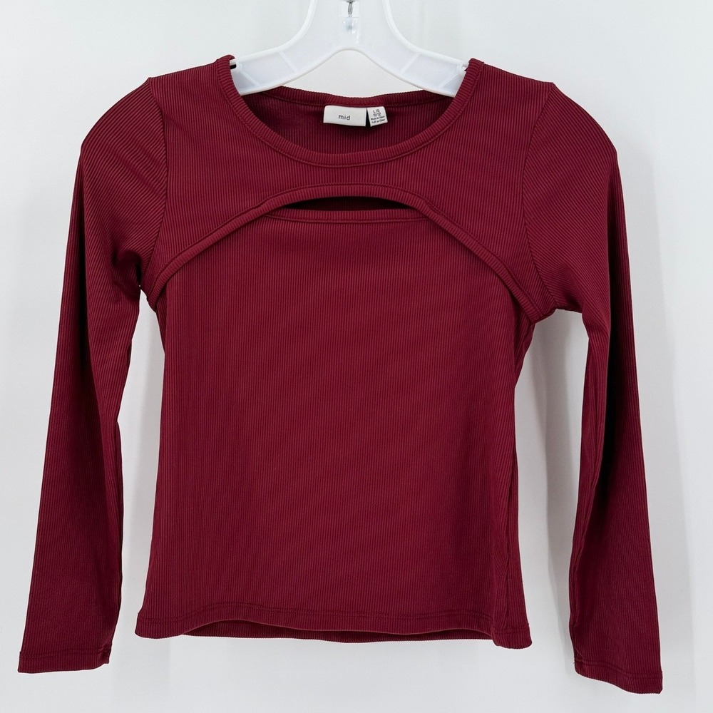 MID Girls Ribbed Cutout Long Sleeve Top Burgundy Size 11/12